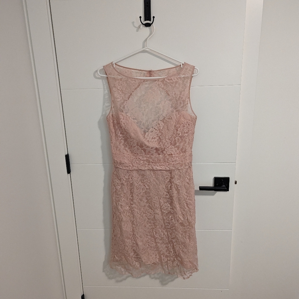 Lace Amsale bridesmaid dress, pink lace, knee length, size 12